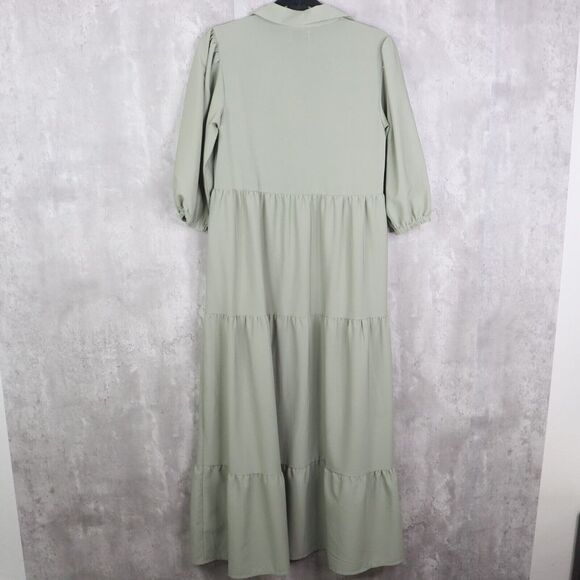 Asos Maxi Dress Womens Size 4 Green Teired Collared 3/4 Sleeve Puff Button Front - Picture 5 of 6